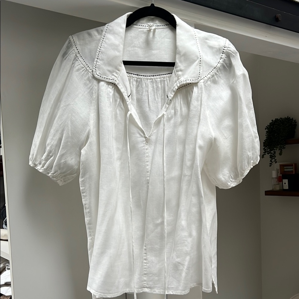 Anthropology White Puff Sleeve linen Blouse